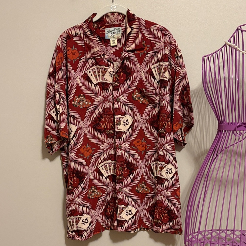 Big Dogs Men's Maroon Button-Down Hawaiian Shirt with Card Game Print